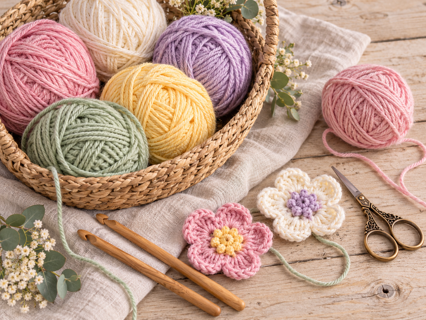 Colourful yarn and crochet hooks